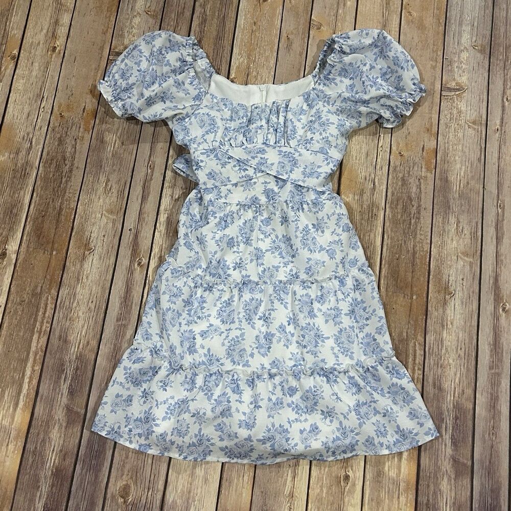 Rare Editions Girls White Blue Floral Lined Dress, Size 8 Tie back Party Summer